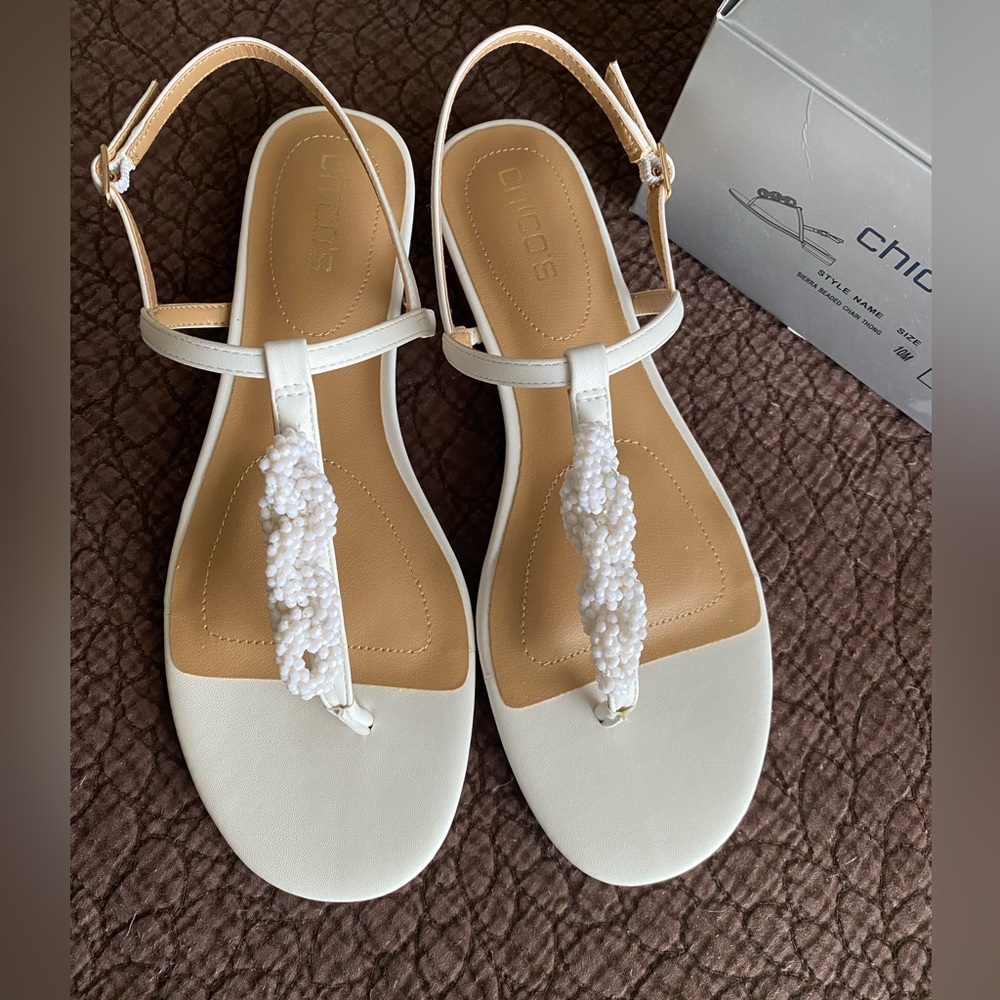 Chico's Sierra beaded chain thong white Sandals sz 10.